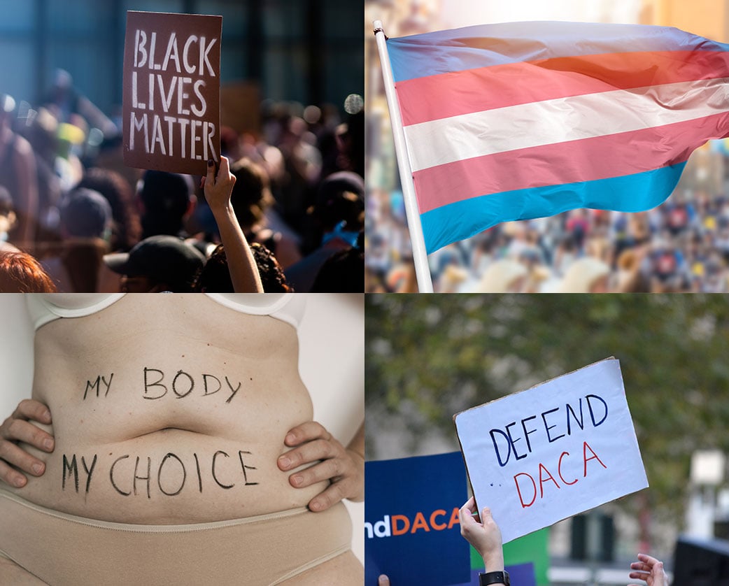 Four photos: the raised sign Black Lives Matter, a transgender flag, "My Body My Choice" written on a bare stomach and a raised Defend Daca sign.