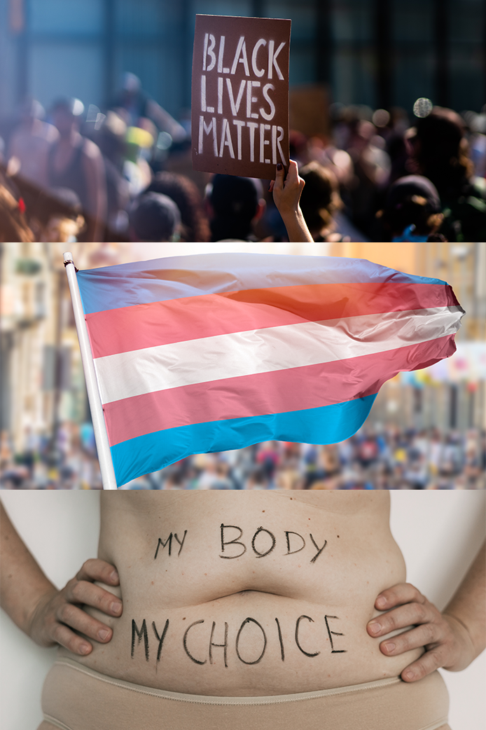 Three photos: the sign Black Lives Matter at a rally, a transgender flag waving in the air and "My Body My Choice" written on a bare stomach.