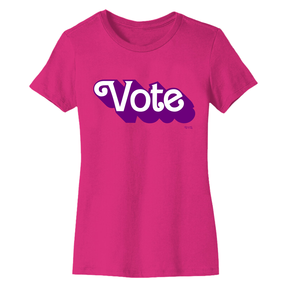 Vote is written out in vintage Barbie style letters on a Fuscia Women's Tee